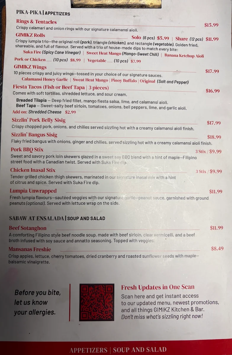 Menu, GIMIKZ Kitchen & Bar