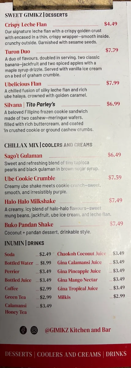 Menu, GIMIKZ Kitchen & Bar