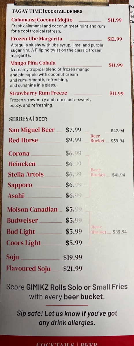 Menu, GIMIKZ Kitchen & Bar