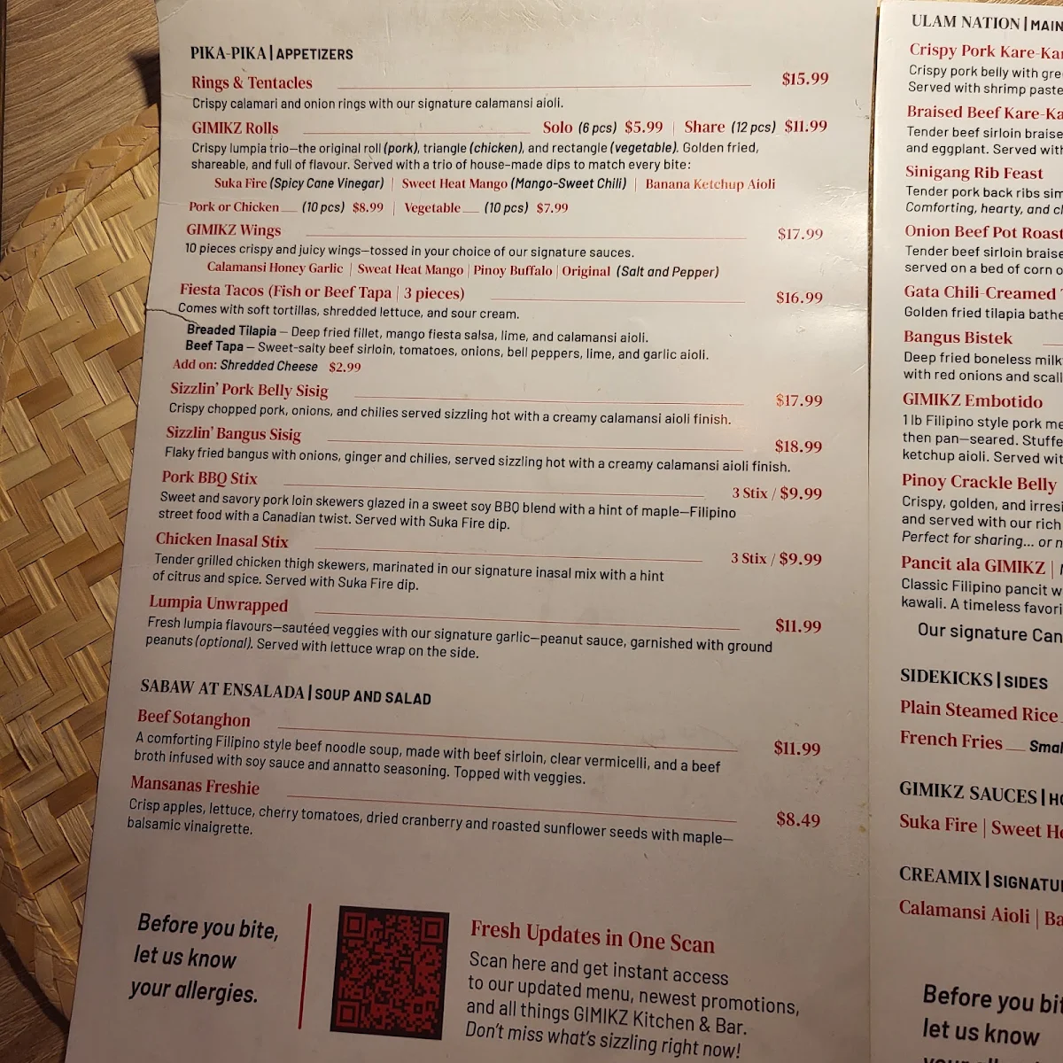 Menu, GIMIKZ Kitchen & Bar
