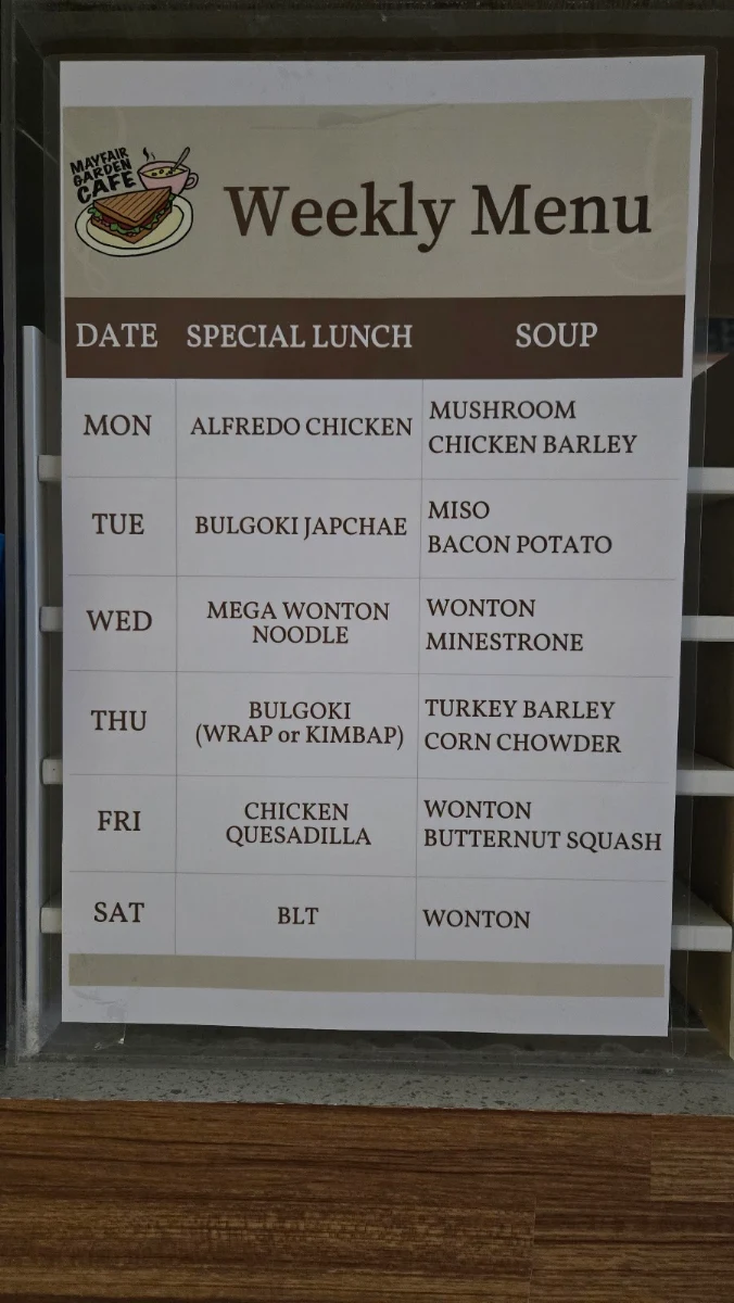 Menu, Mayfair Garden Cafe