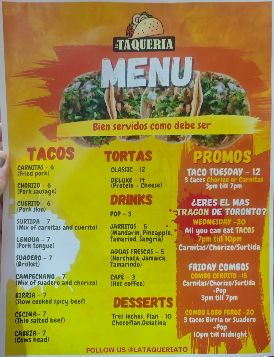 Menu, La Taqueria