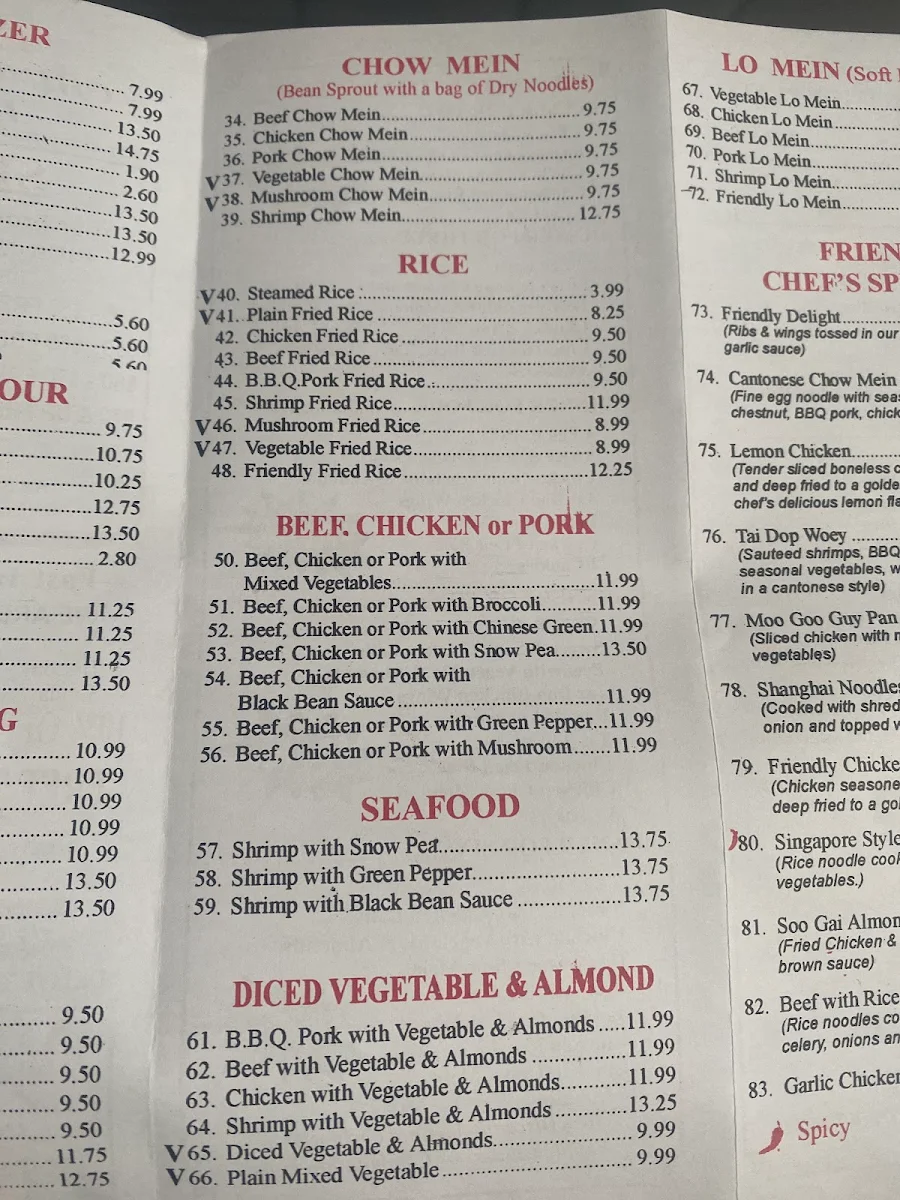 Menu, Friendly Restaurant