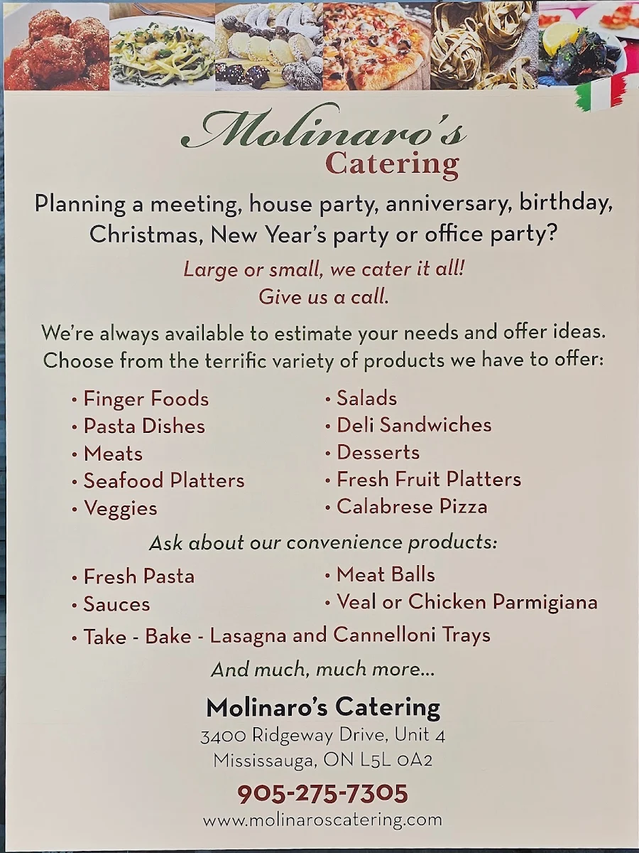 Menu, Molinaro's Catering