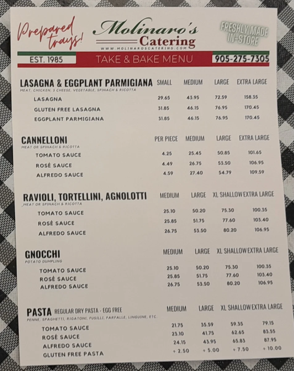 Menu, Molinaro's Catering