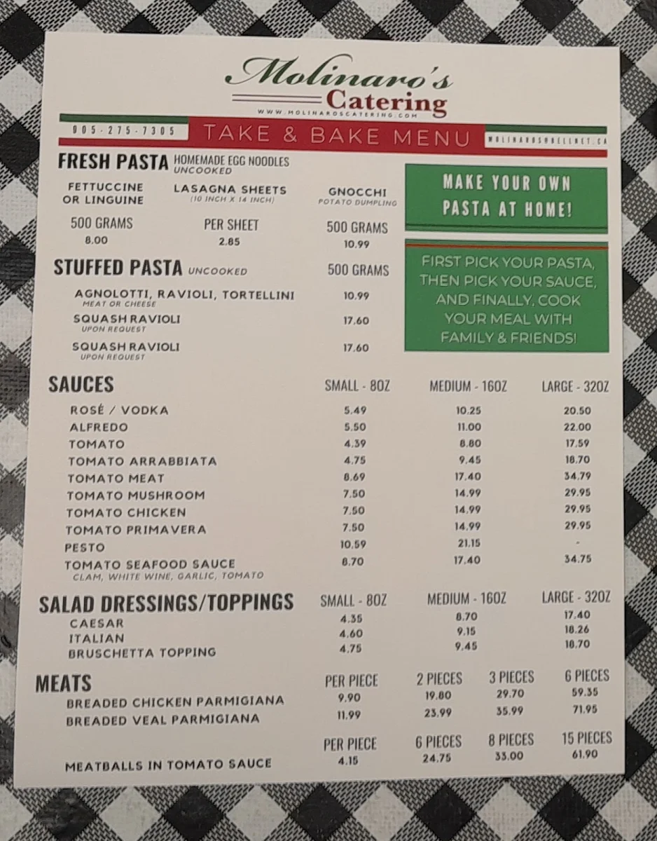 Menu, Molinaro's Catering