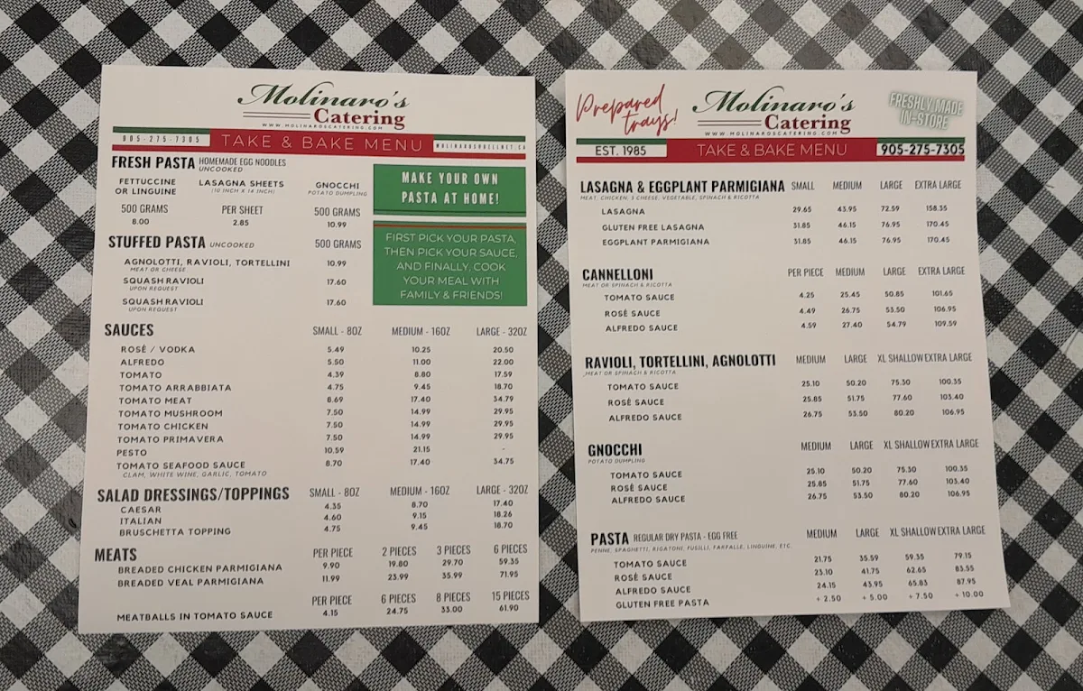 Menu, Molinaro's Catering