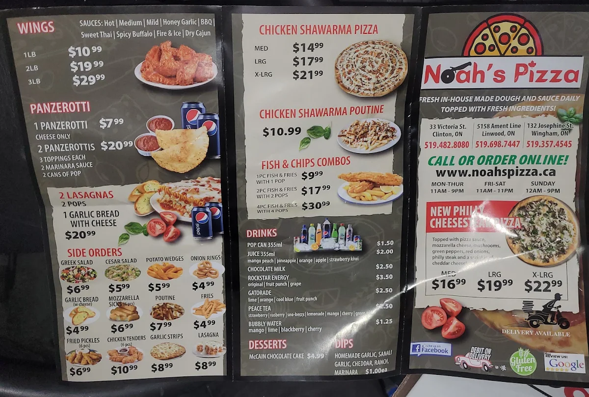 Menu, Noahs pizza