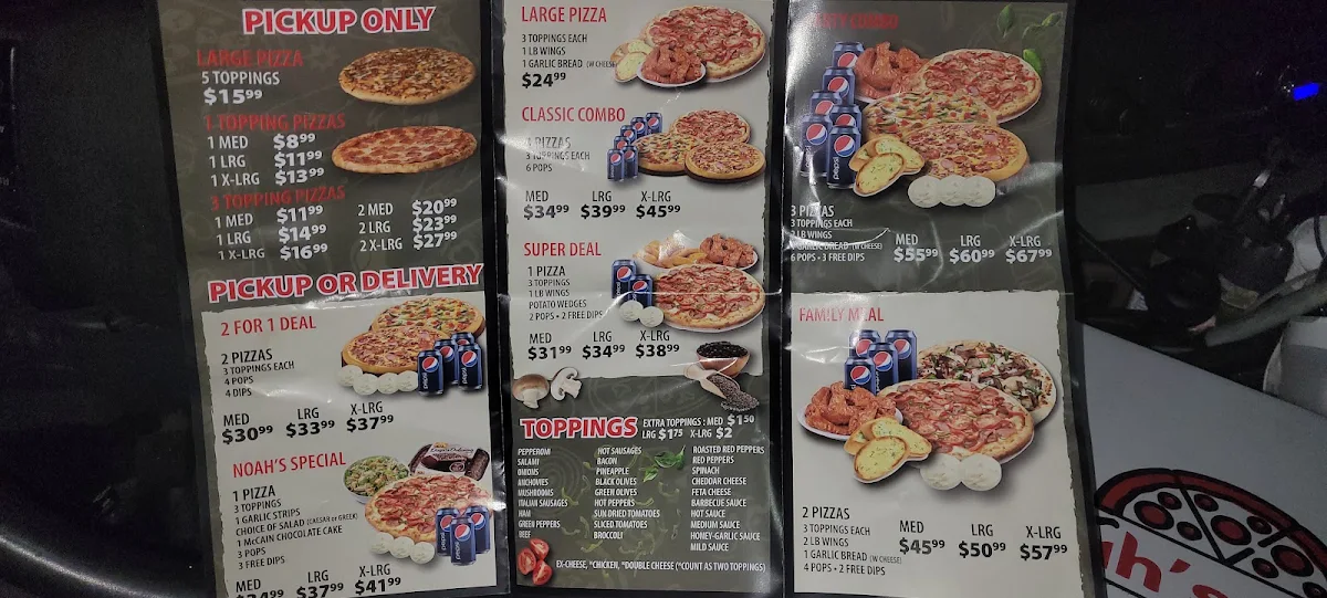 Menu, Noahs pizza