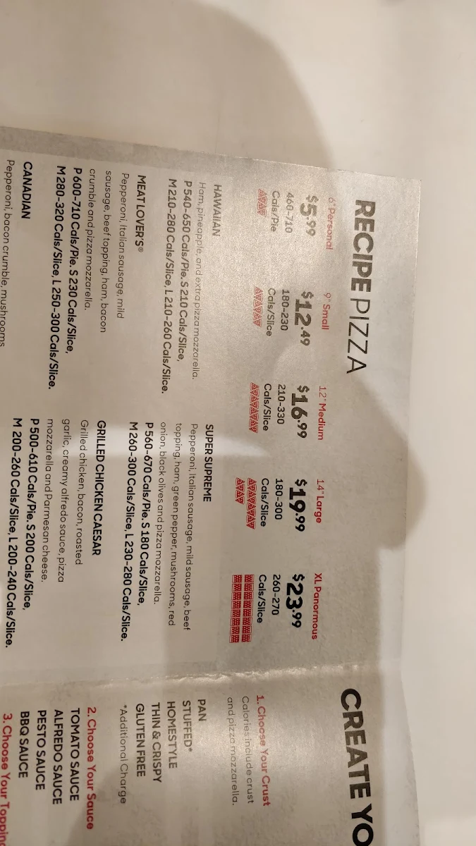 Menu, Pizza Hut