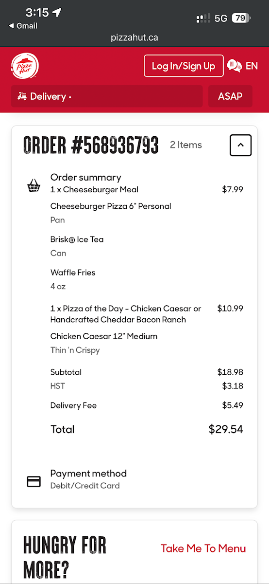 Menu, Pizza Hut