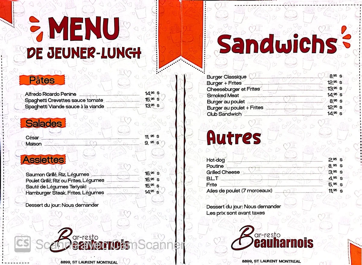 Menu, Brasserie Beauharnois