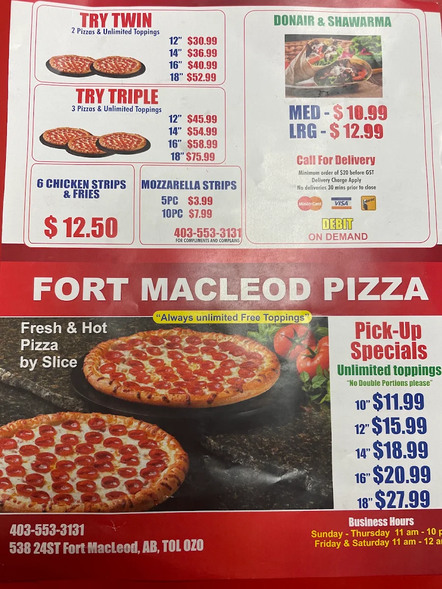 Menu, Fort Macleod Pizza