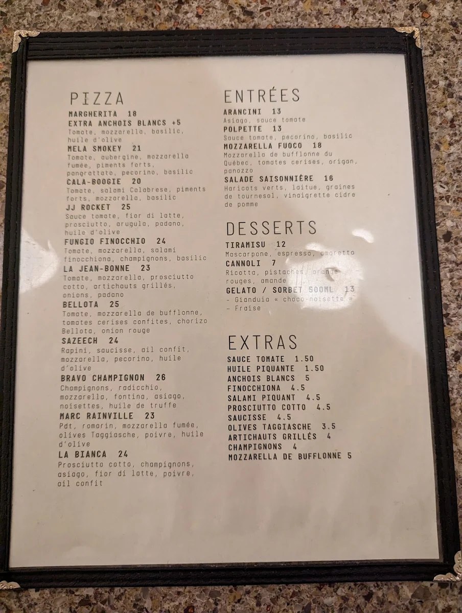 Menu, Moccione Pizza