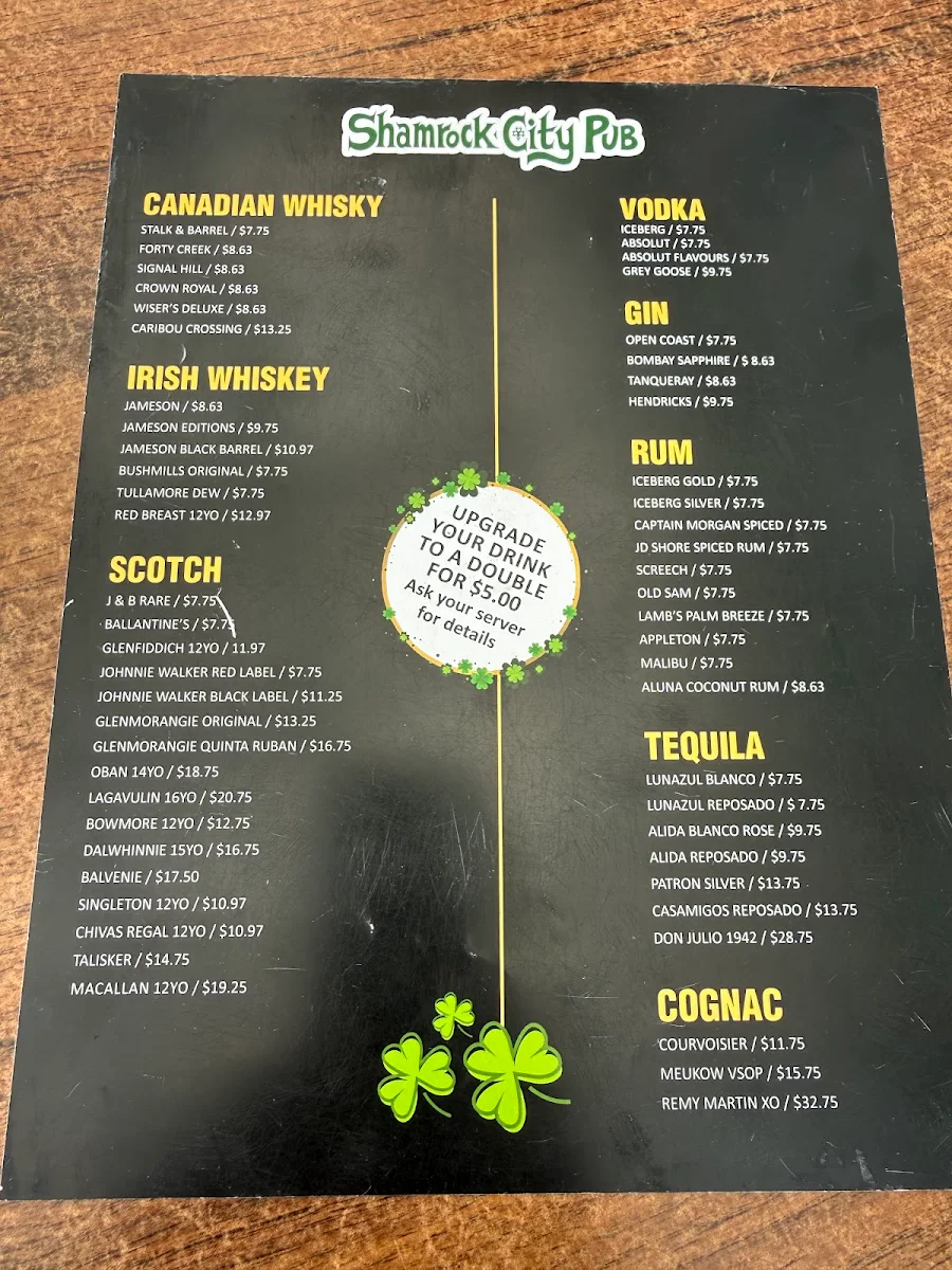 Menu, Shamrock City Pub