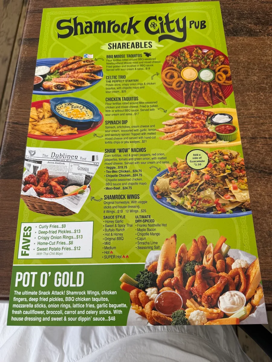 Menu, Shamrock City Pub