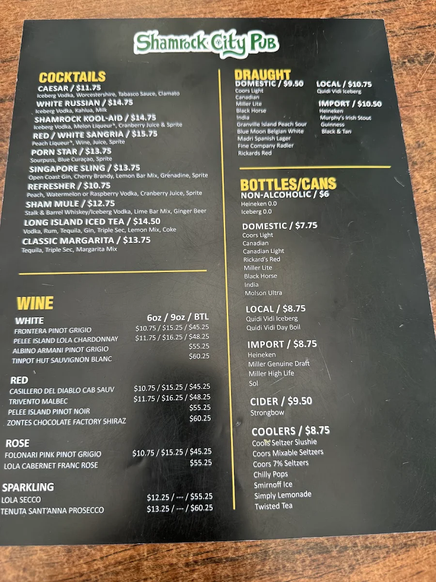 Menu, Shamrock City Pub
