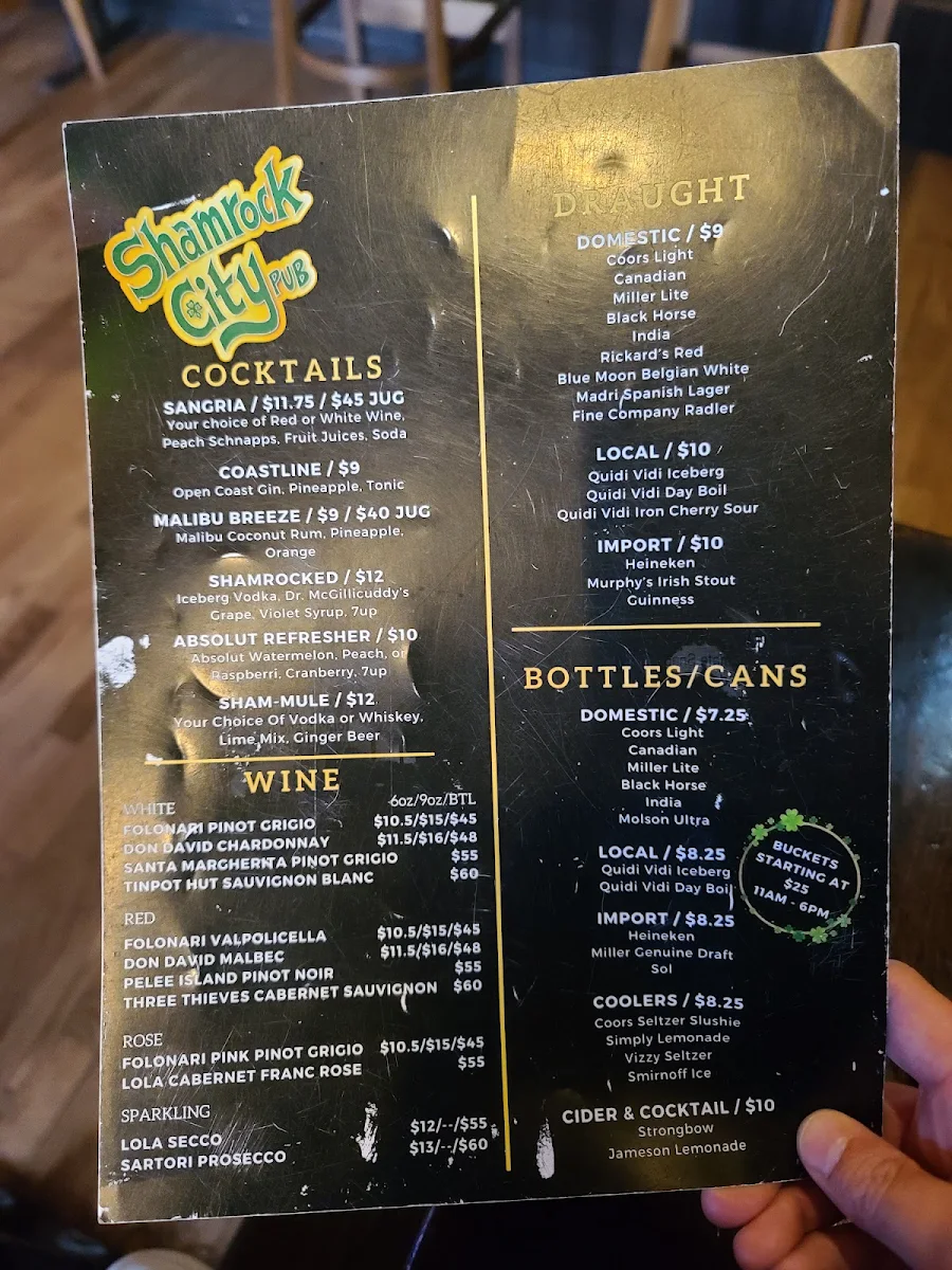 Menu, Shamrock City Pub