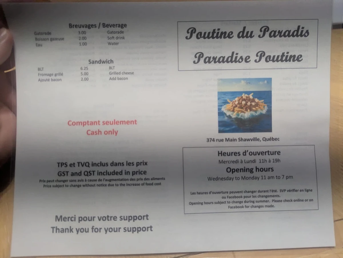 Menu, Poutine du Paradis // Paradise Poutine