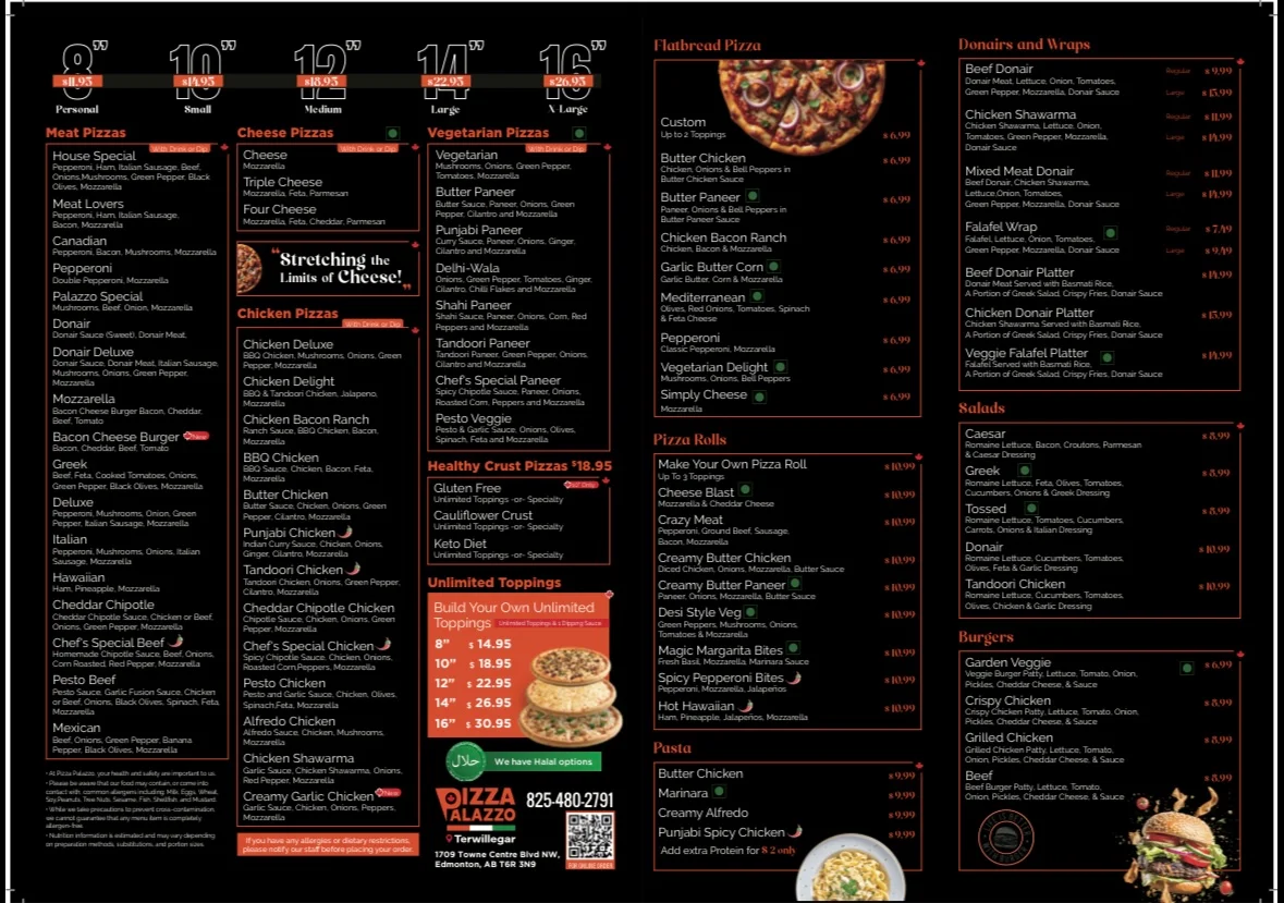 Menu, Pizza Palazzo Terwillegar