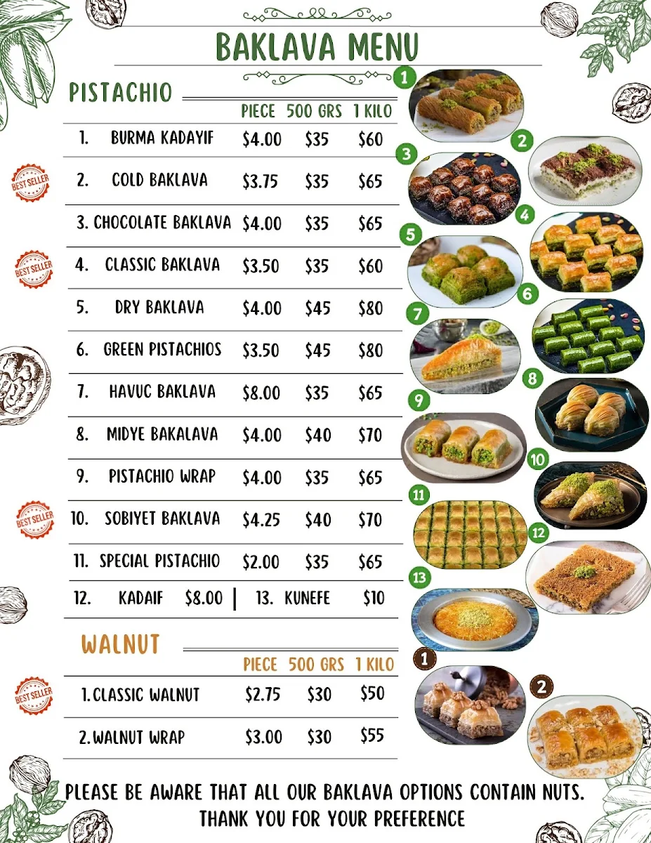 Menu, Emilee’s Sweet House — Authentic Turkish Baklava, Pastries, Turkish breakfast & Coffee