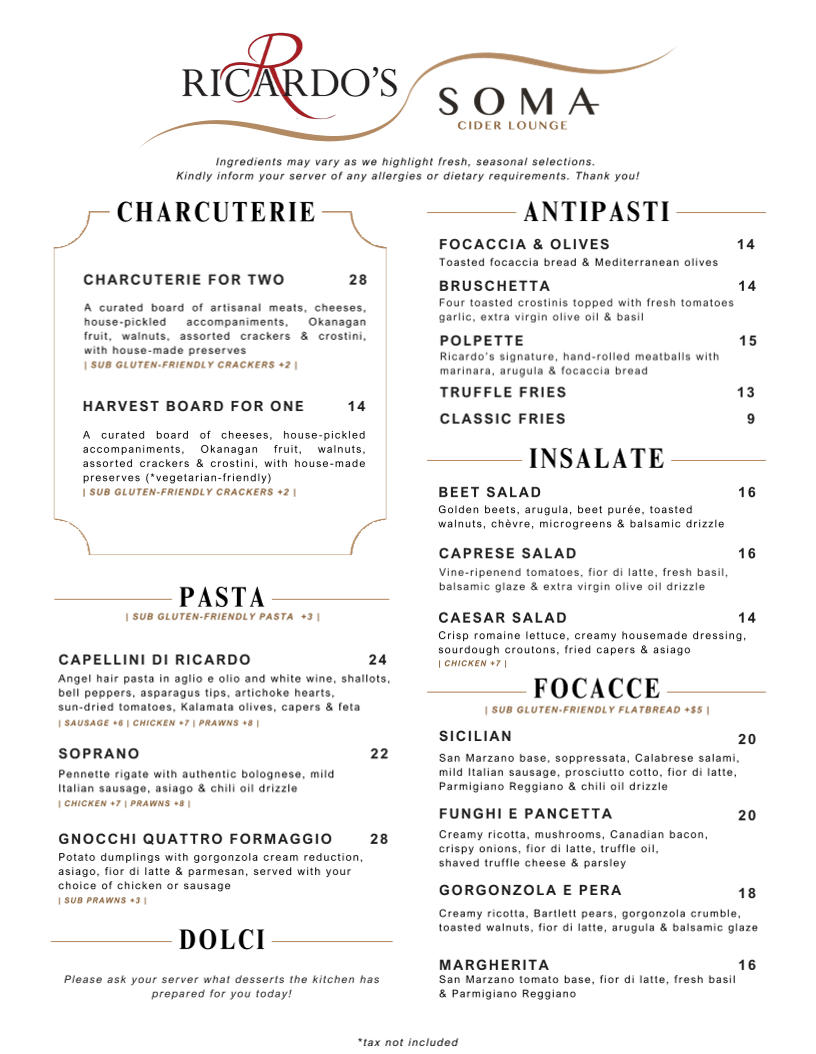 Menu, Soma Craft Cidery