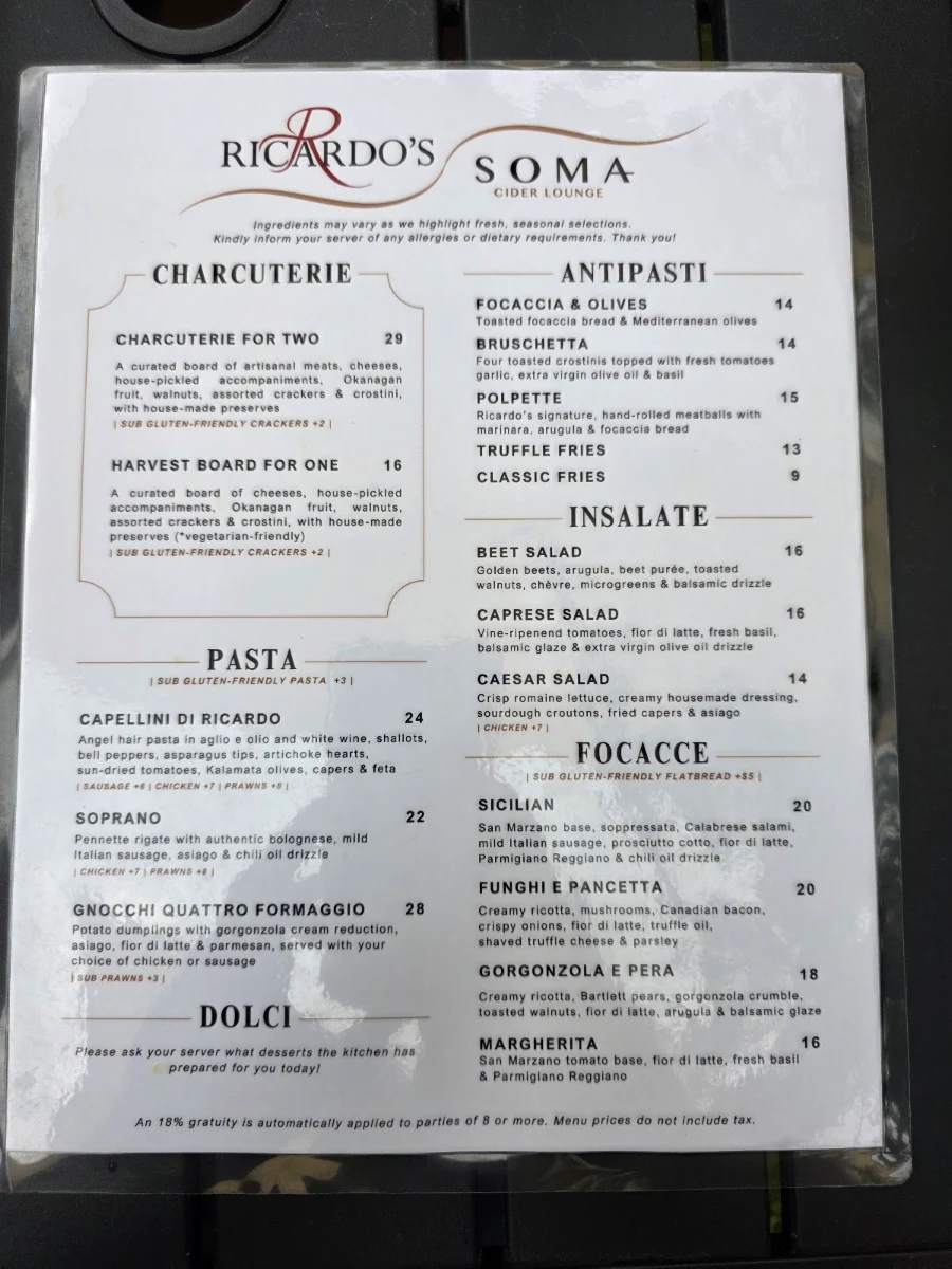 Menu, Soma Craft Cidery