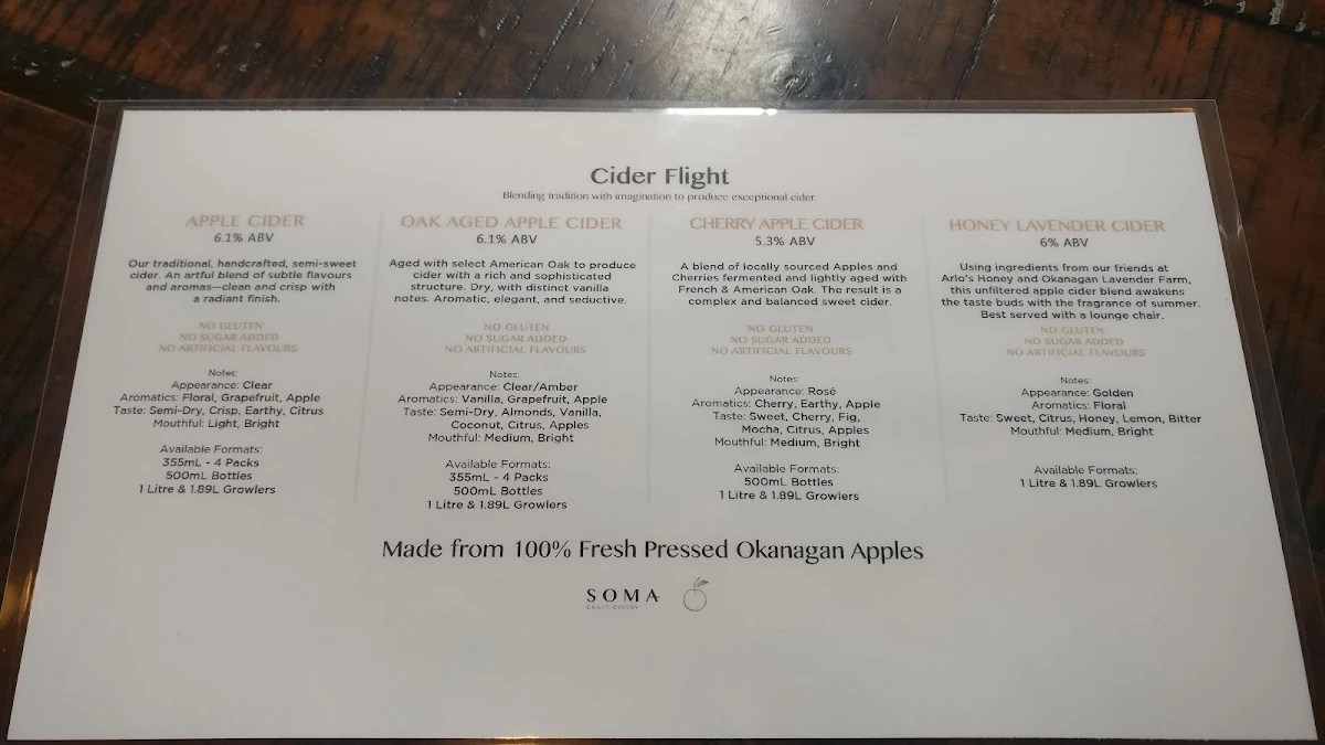 Menu, Soma Craft Cidery