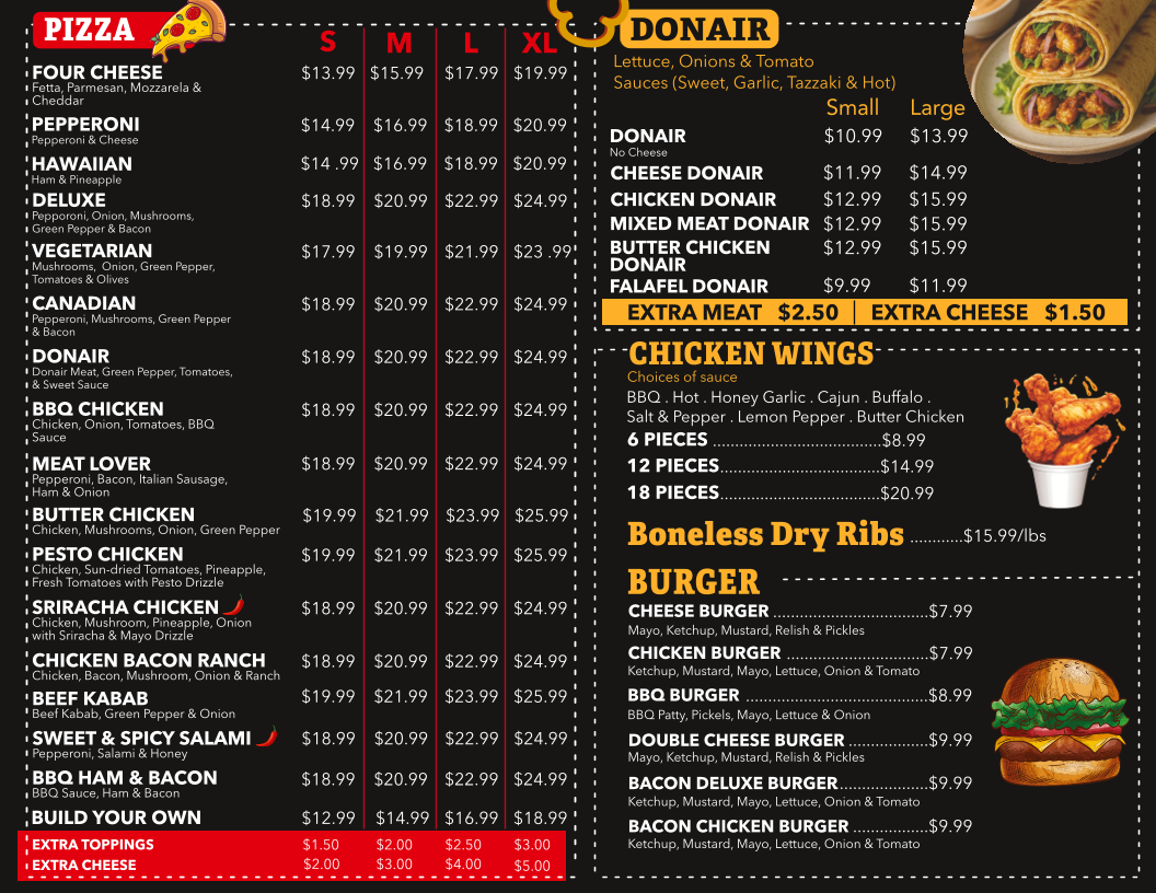 Menu, PIZZA LAND AND DONAIR