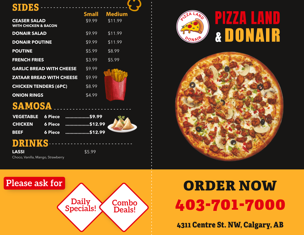 Menu, PIZZA LAND AND DONAIR