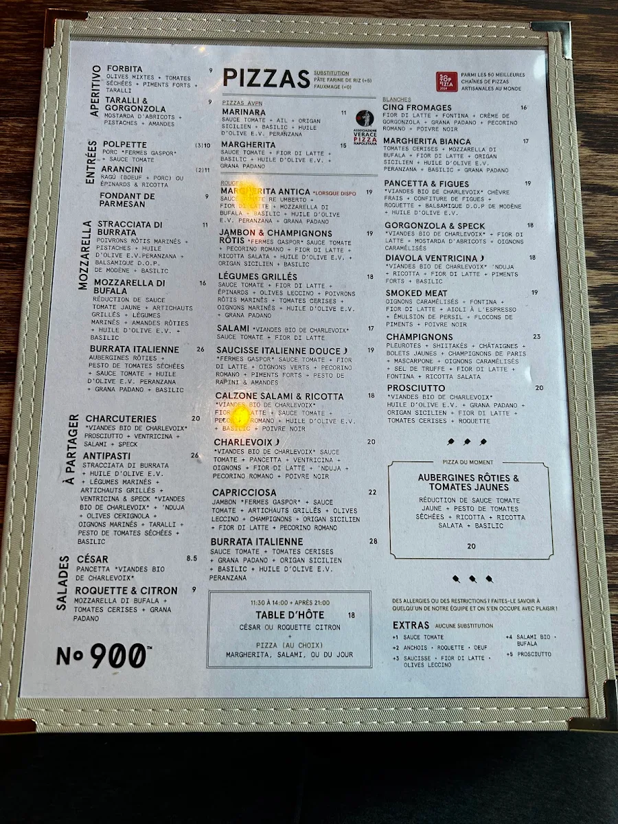 Menu, Pizzéria NO.900