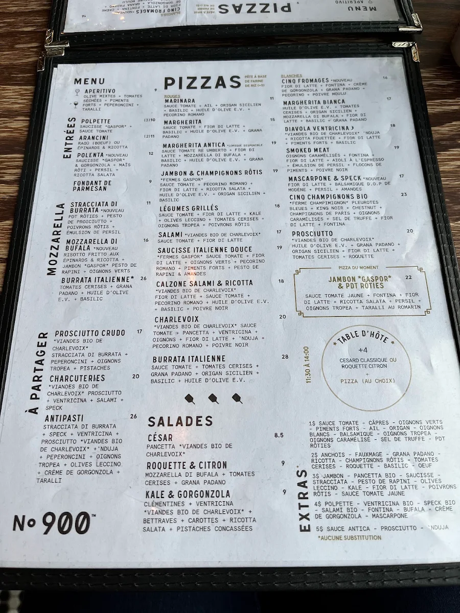Menu, Pizzéria NO.900