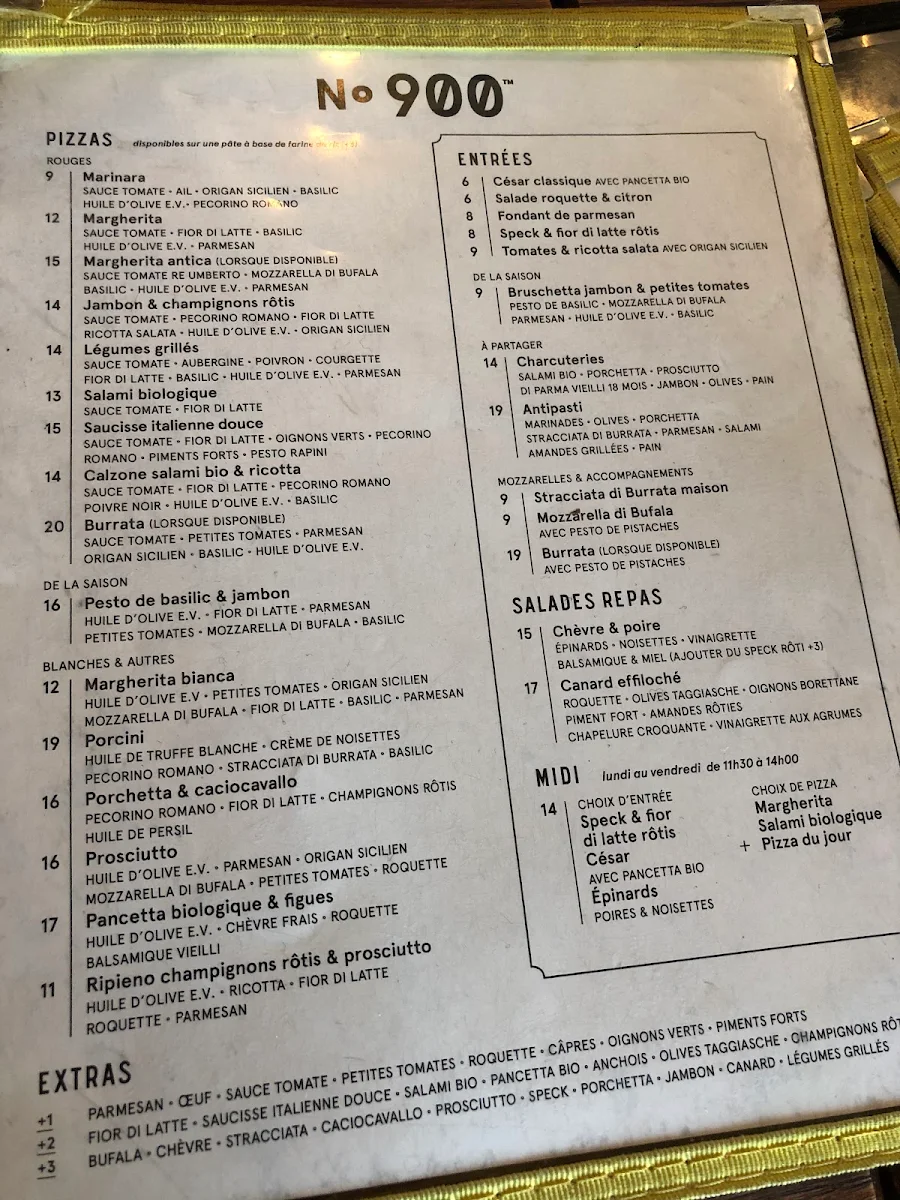 Menu, Pizzéria NO.900