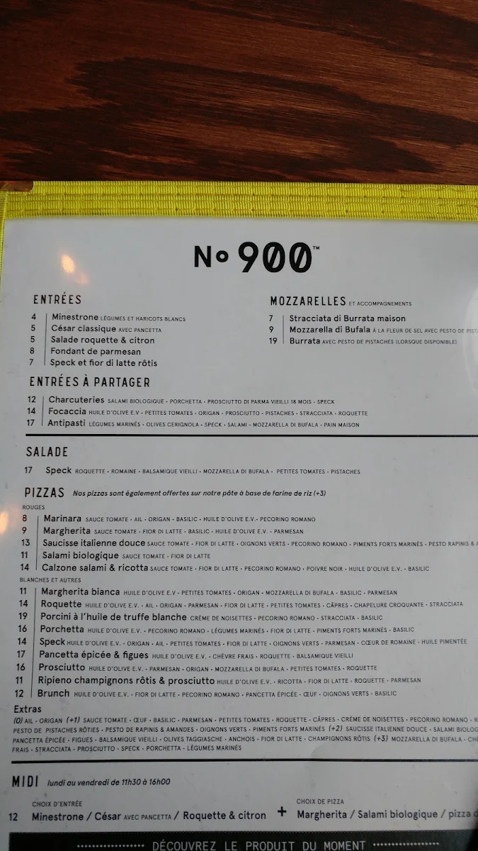 Menu, Pizzéria NO.900