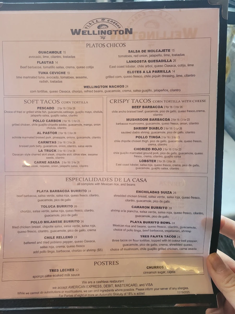 Menu, Playa Cabana Wellington