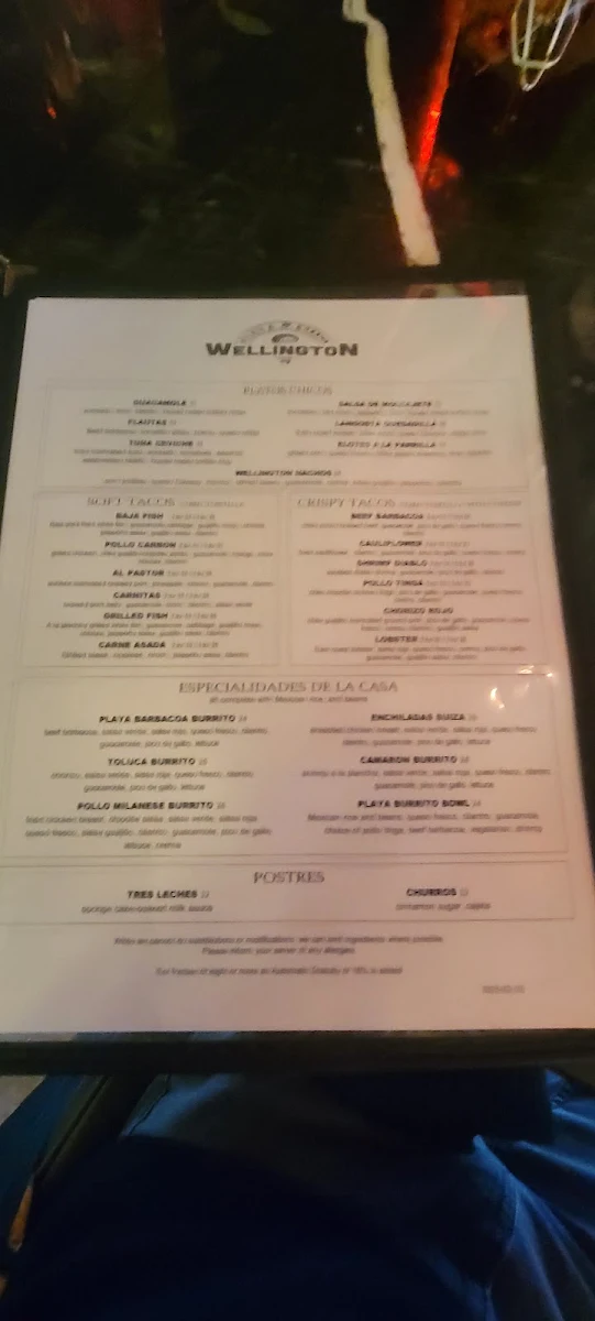 Menu, Playa Cabana Wellington