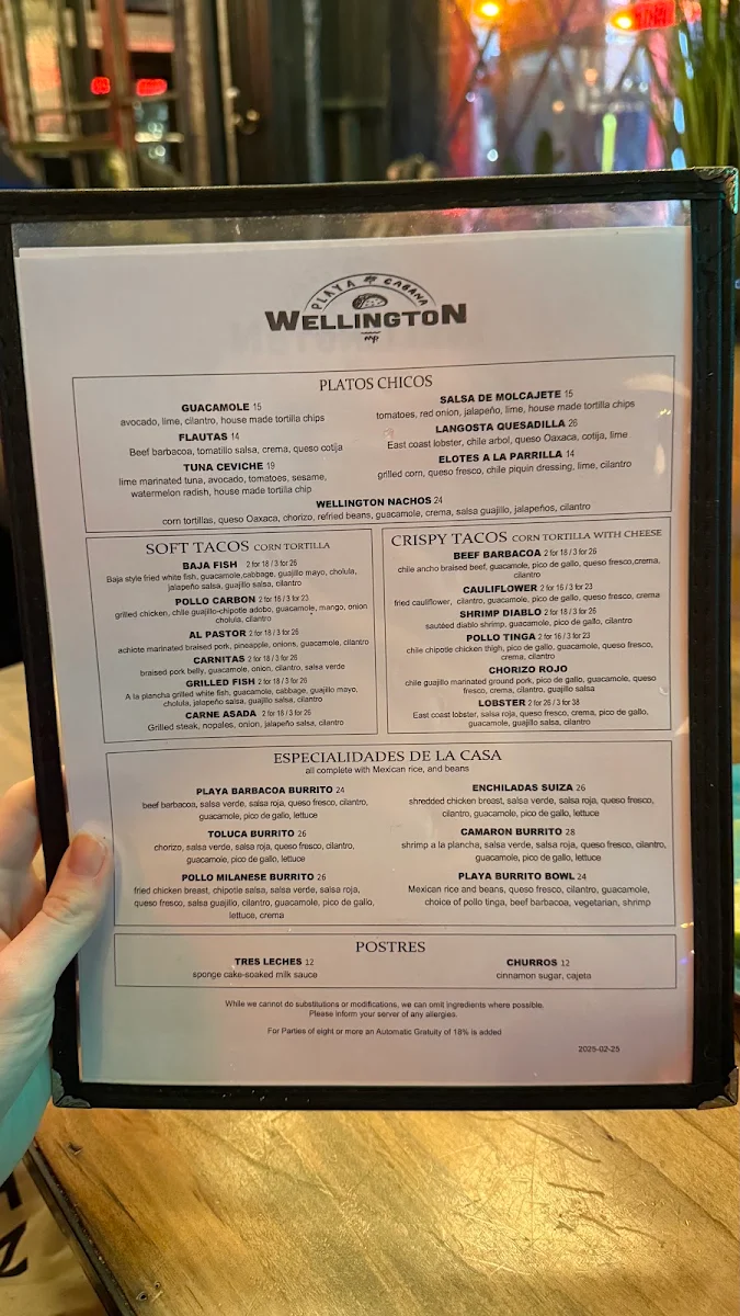 Menu, Playa Cabana Wellington