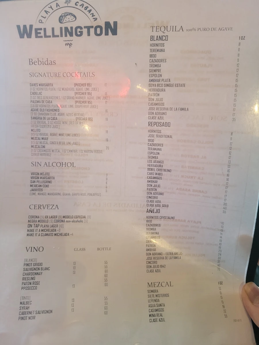 Menu, Playa Cabana Wellington