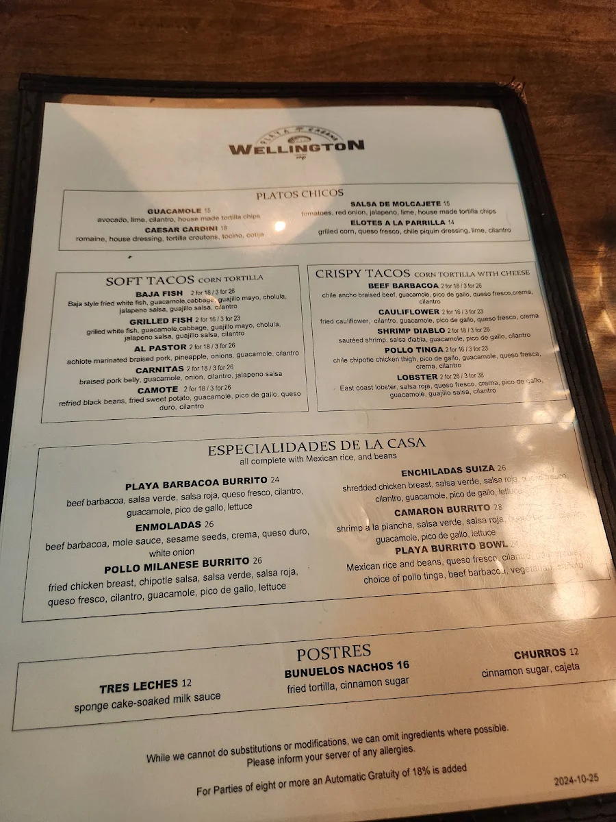 Menu, Playa Cabana Wellington