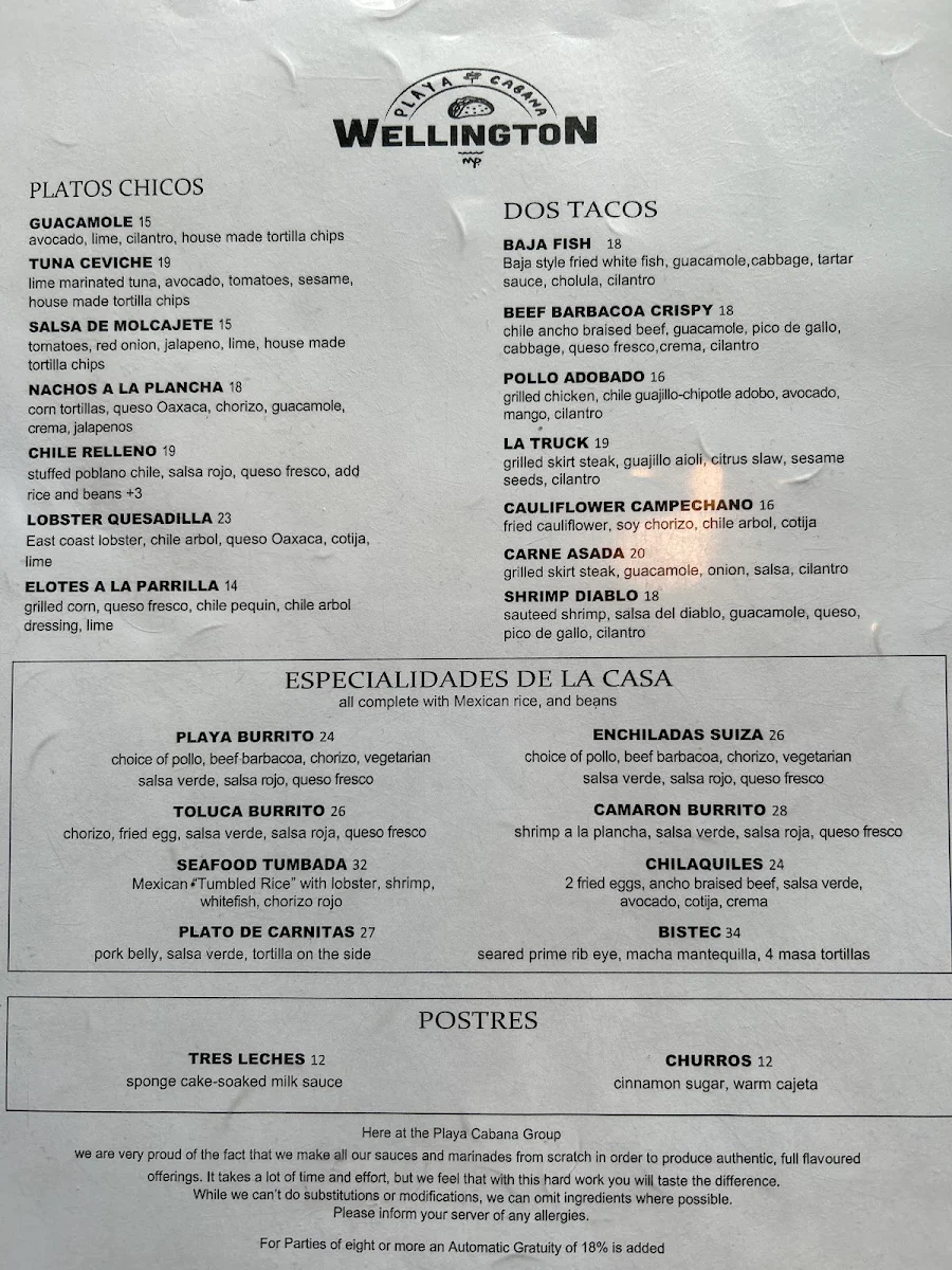 Menu, Playa Cabana Wellington