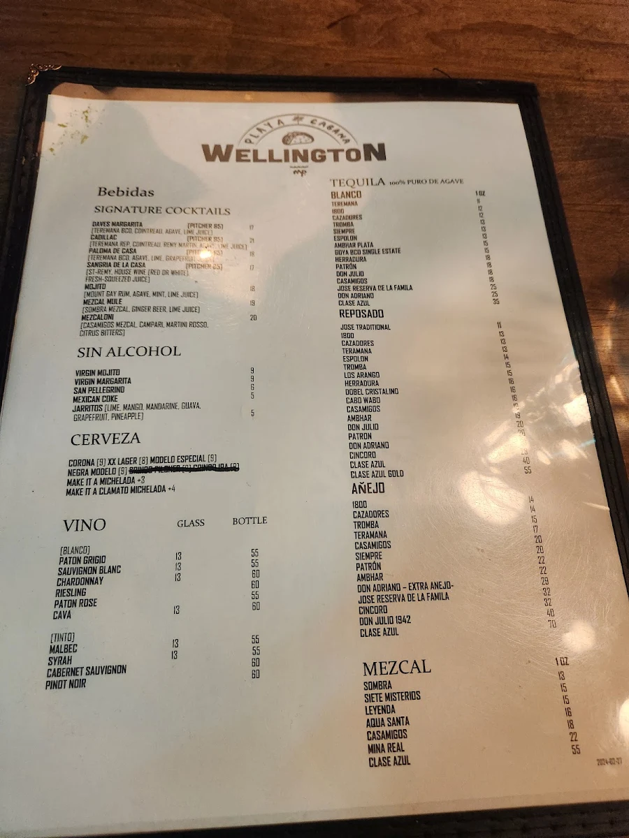Menu, Playa Cabana Wellington