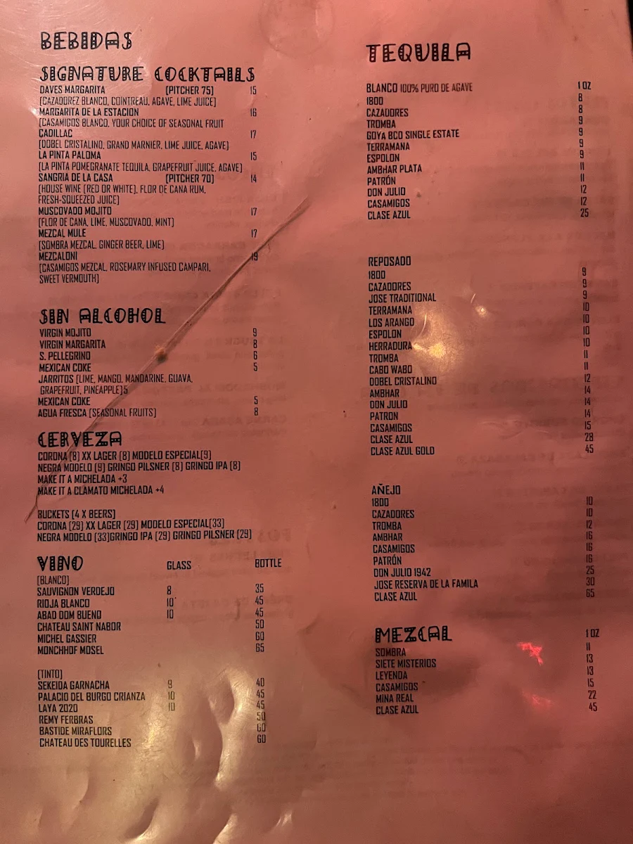 Menu, Playa Cabana Wellington