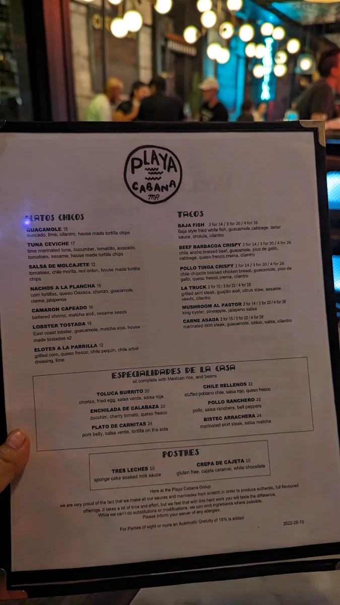 Menu, Playa Cabana Wellington