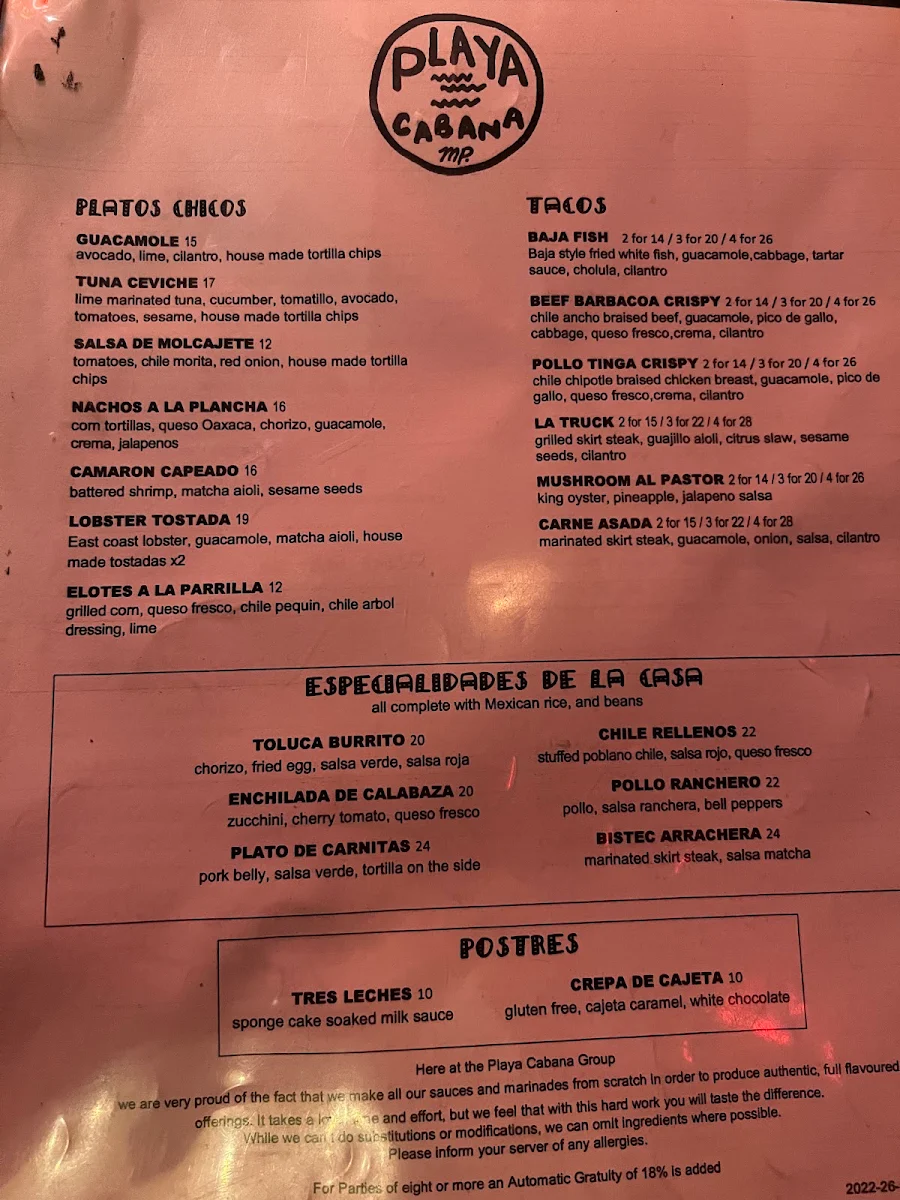 Menu, Playa Cabana Wellington