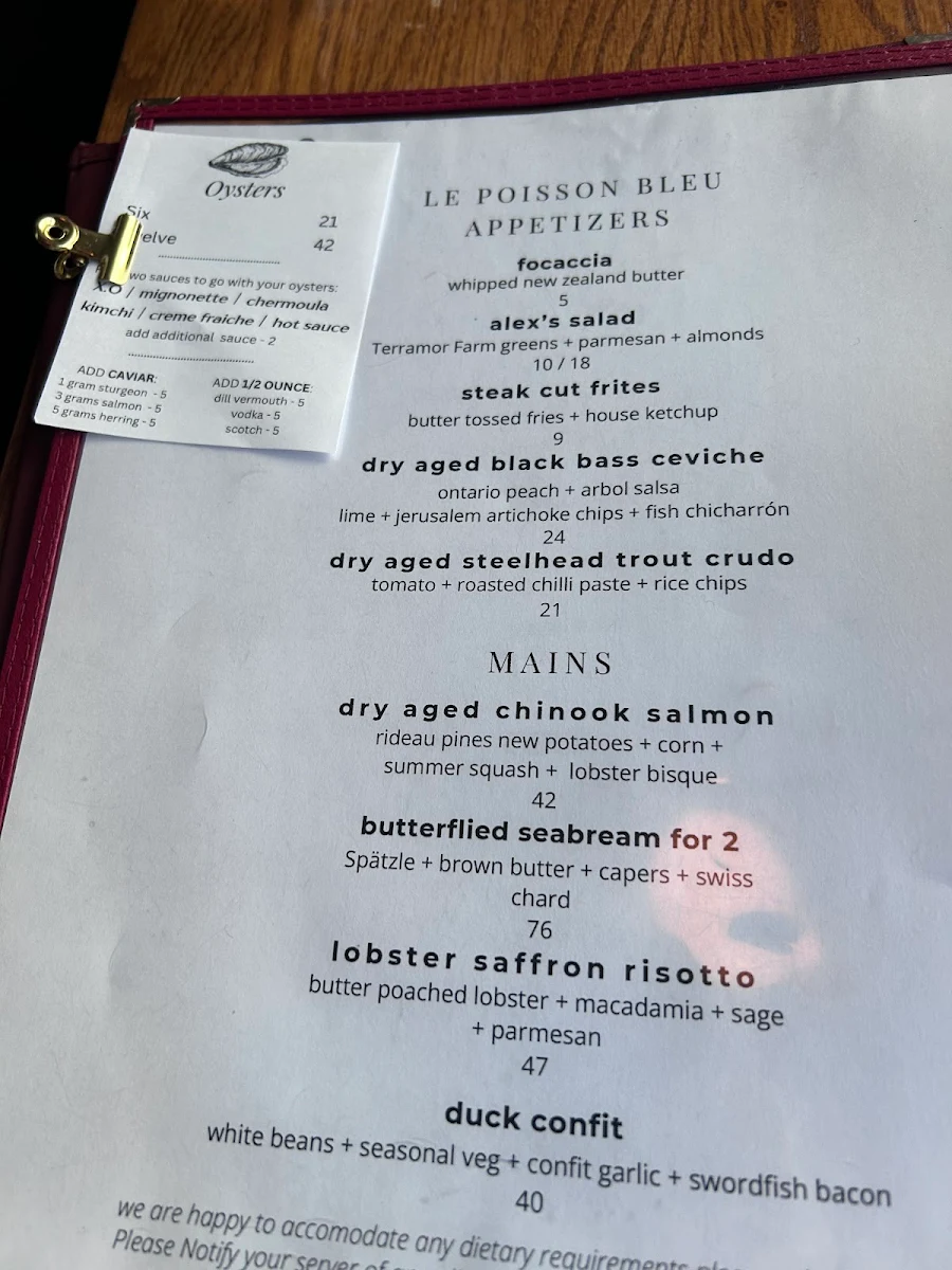 Menu, Le Poisson Bleu