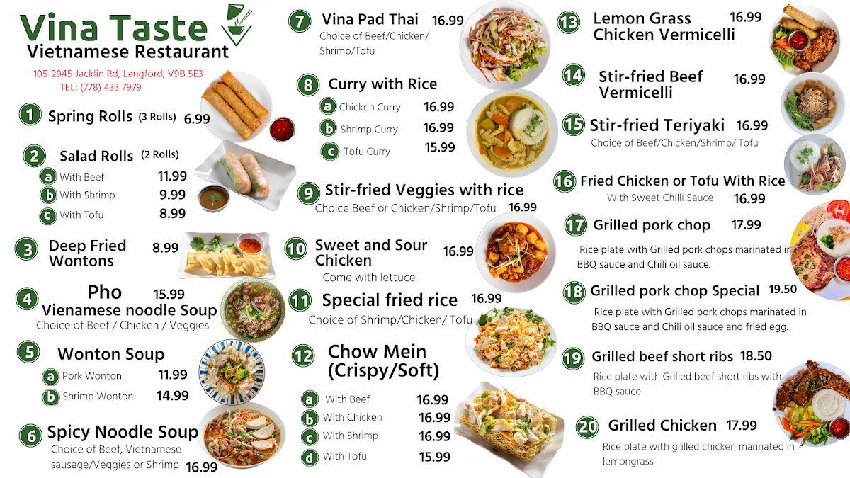 Menu, Vina Taste PHO & GRILL Vietnamese Restaurant