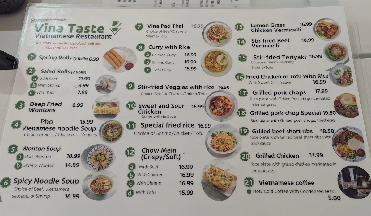 Menu, Vina Taste PHO & GRILL Vietnamese Restaurant