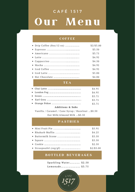 Menu, Cafe 1517