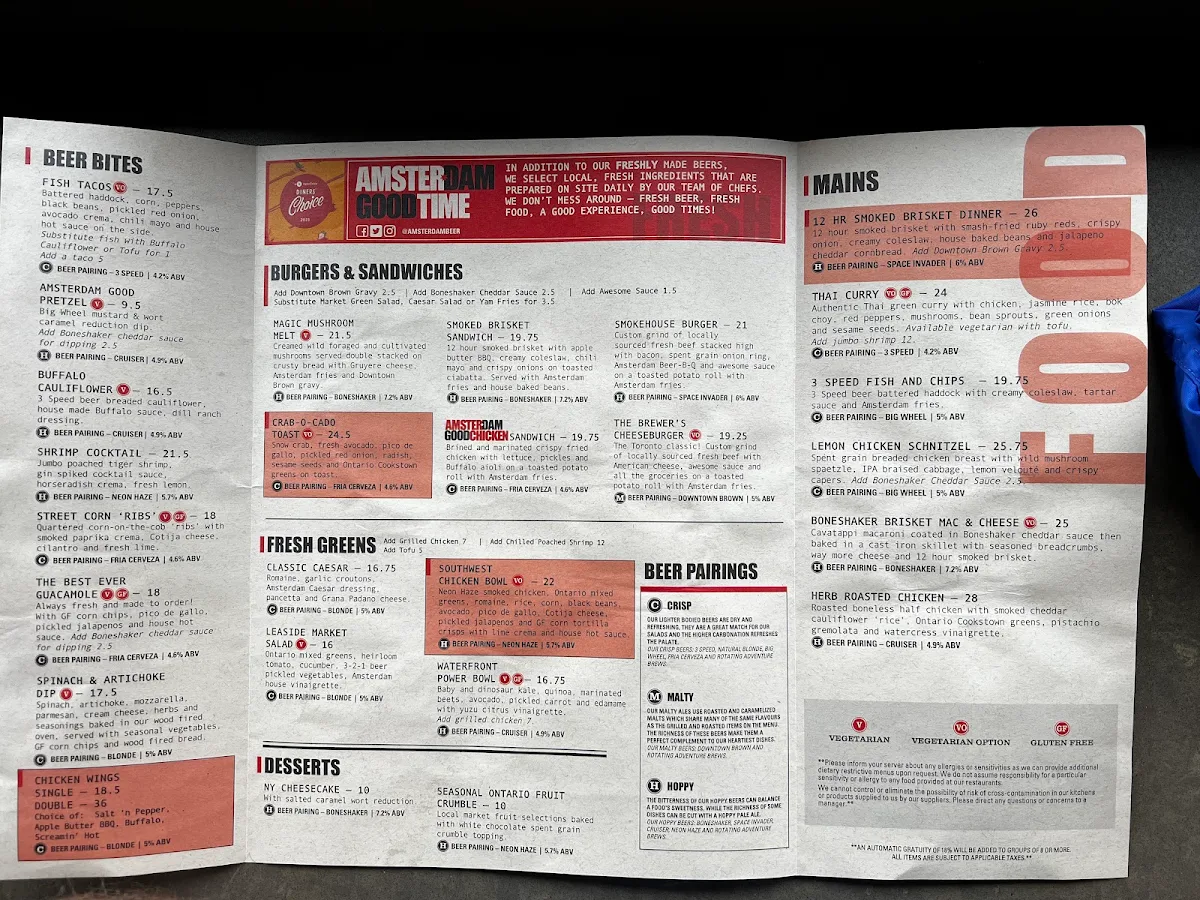Menu, Amsterdam Brewhouse
