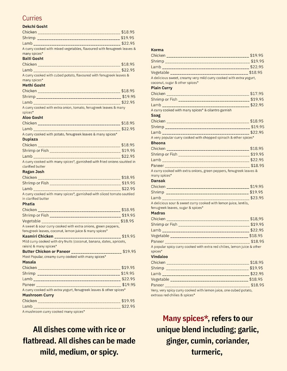 Menu, Taj Curry House